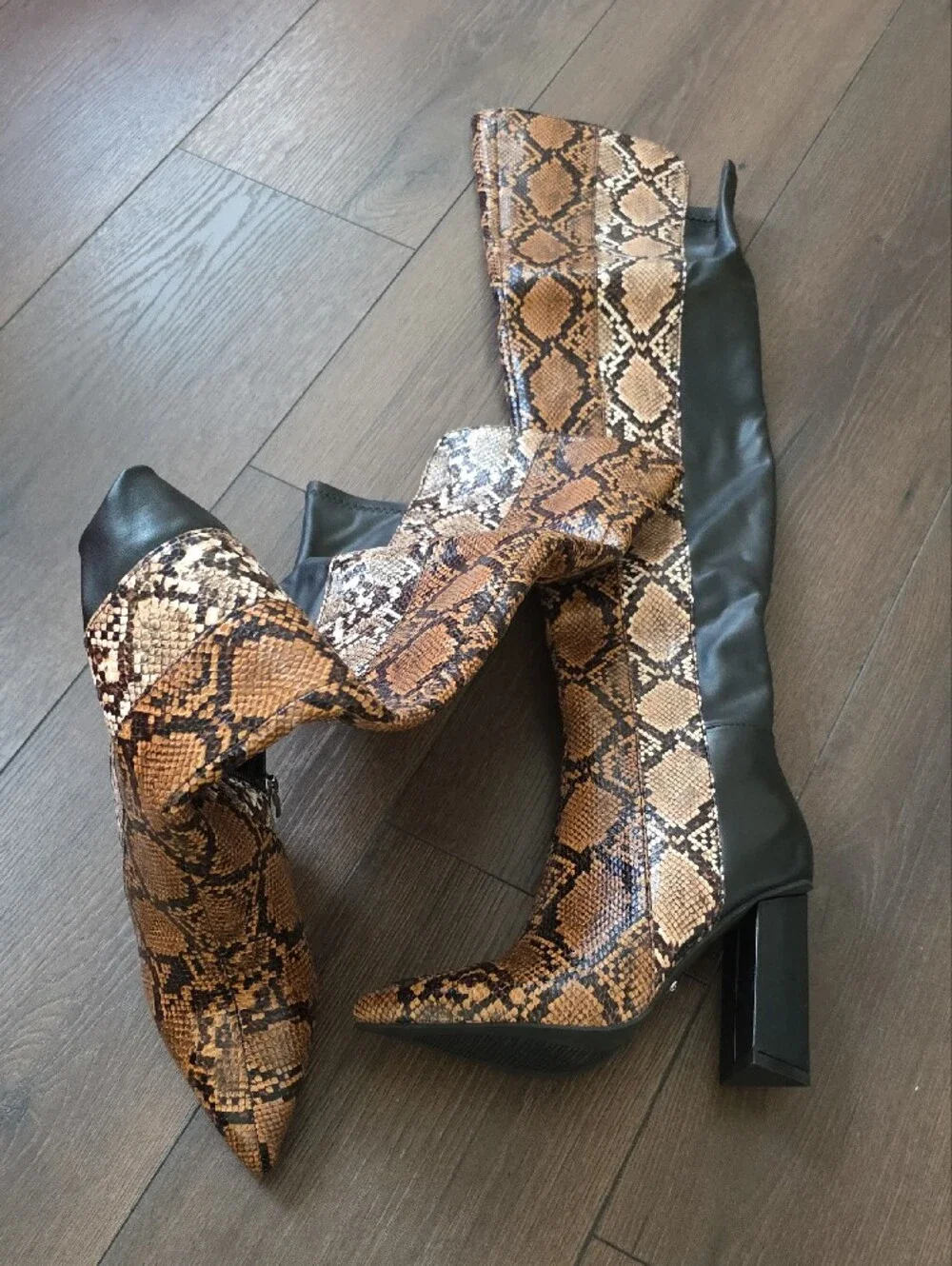 Akira Over-the-Knee Snake‎ Print and Black Block Heel Boots NWT